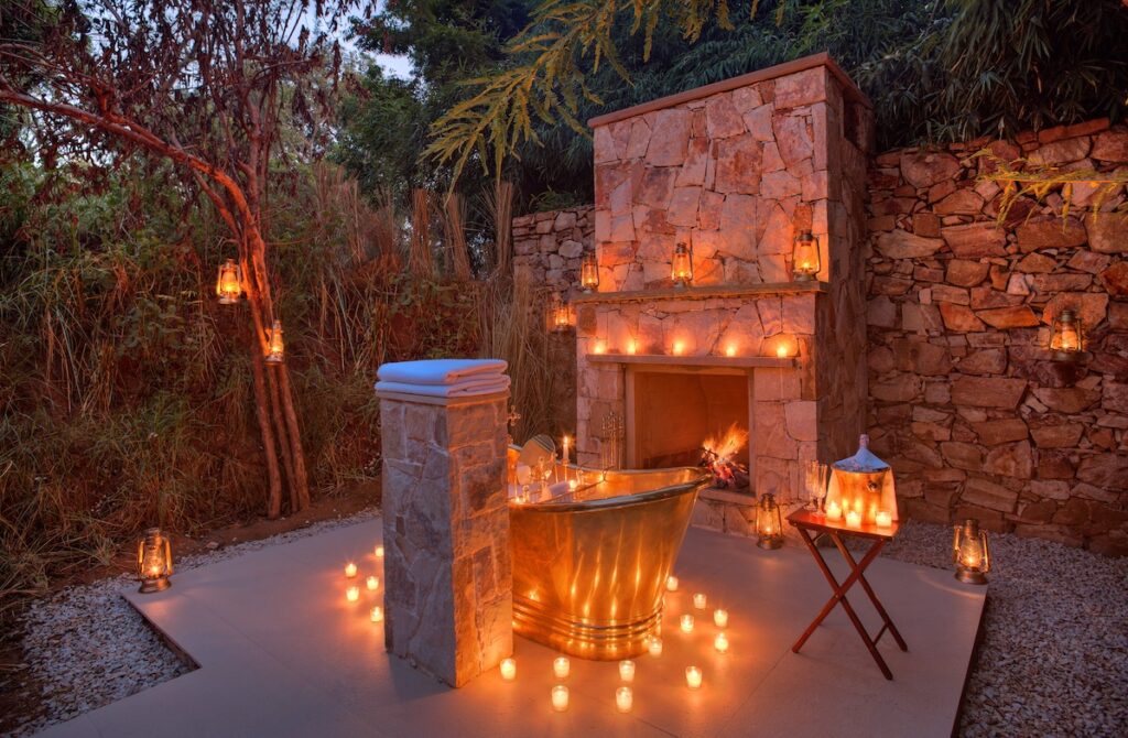 Hotel room with fireplace